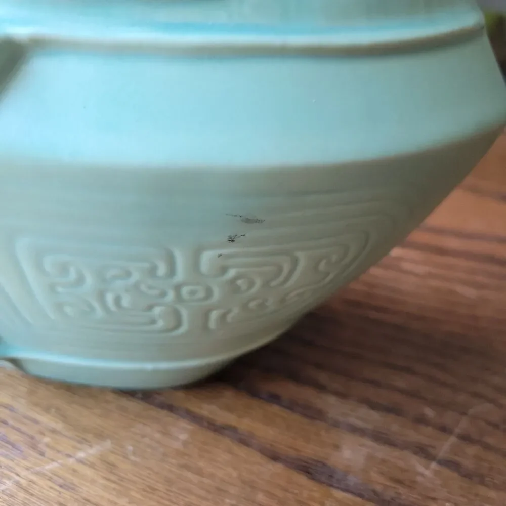 Vtg Studio Art Pottery Urn Vase Dragon Handled Mayan Motif Signed Meryl RARE MCM